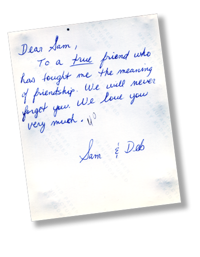 Sam and Deb's inscription, thanking Samuel Hsu for teaching them how to love.